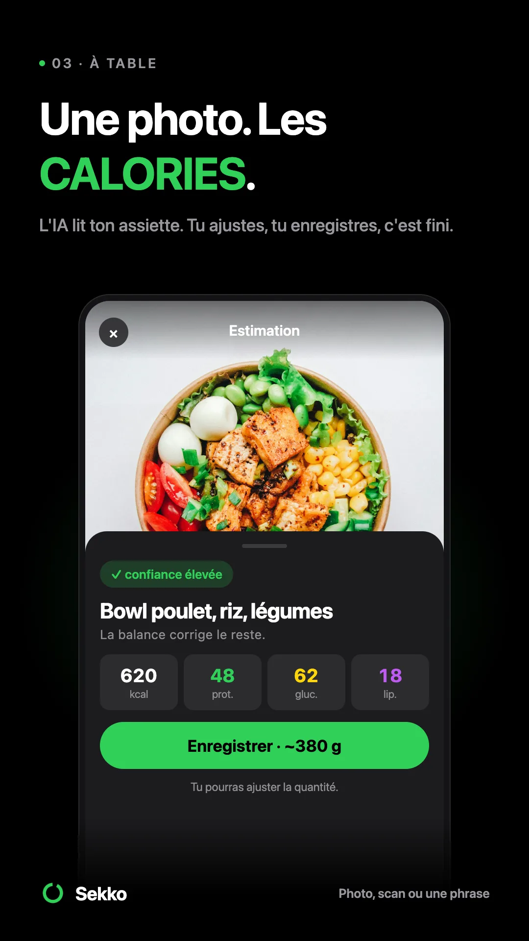 Capture de Sekko, saisie d'un repas par photo, scan ou une phrase